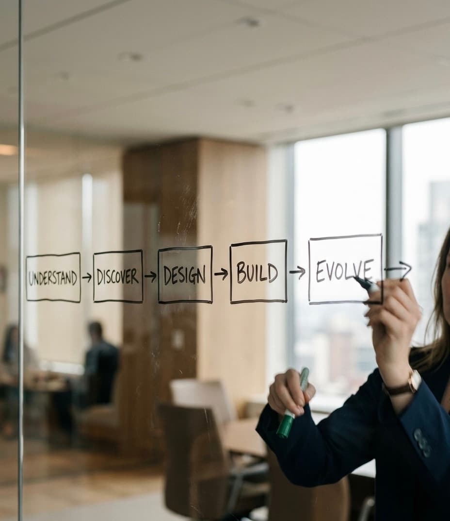 Mapping a business process on a whiteboard: understand, discover, design, build, evolve